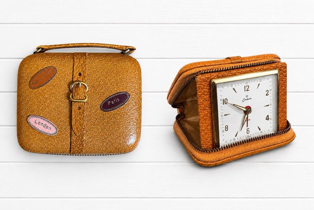 Rare Vintage Endura Travel Alarm Clock Leather Suitcase West Germany Working